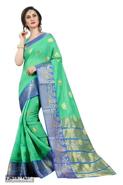 Beautiful Silk Blend Green Woven Design  Saree with Blouse piece For Women