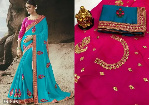 Beautiful Silk Blend Blue Embroidered  Saree with Blouse piece For Women