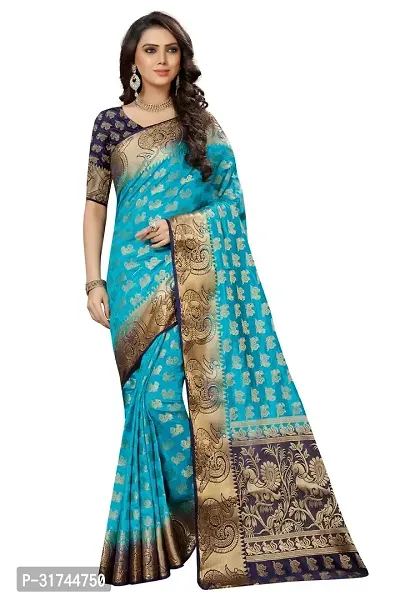 Beautiful Silk Blend Green Woven Design  Saree with Blouse piece For Women