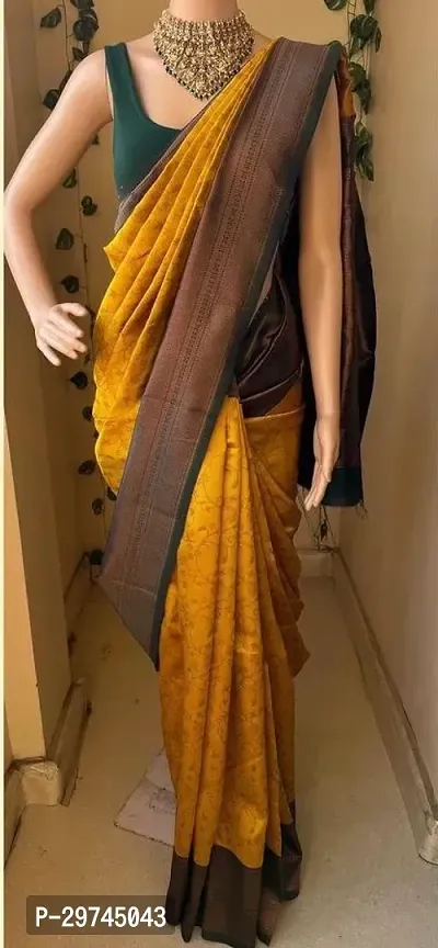 Elegant Yellow Silk Blend Saree with Blouse piece For Women-thumb0