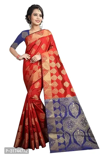 Beautiful Silk Blend Red Woven Design  Saree with Blouse piece For Women