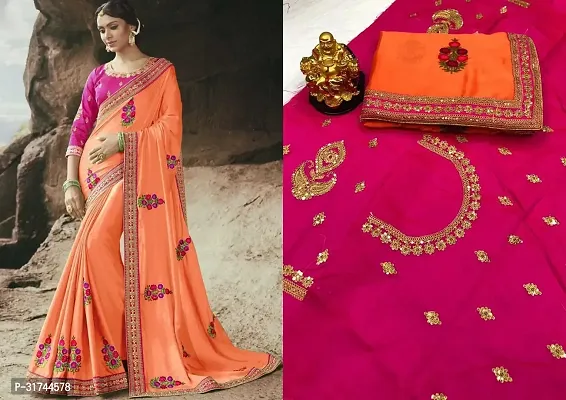 Beautiful Silk Blend Orange Embroidered  Saree with Blouse piece For Women