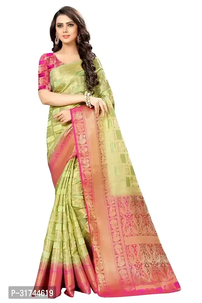 Beautiful Silk Blend Green Woven Design  Saree with Blouse piece For Women-thumb0