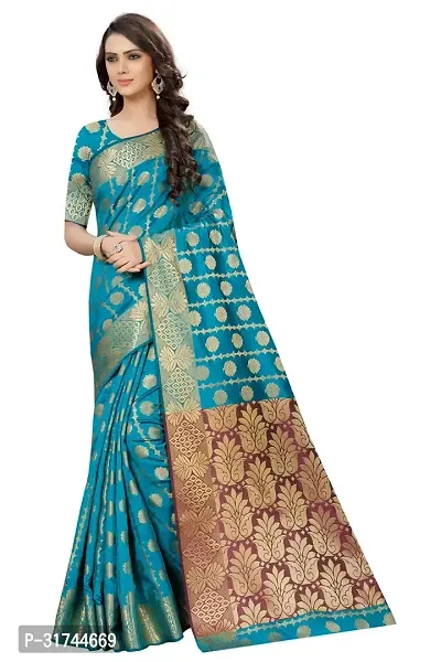 Beautiful Silk Blend Blue Woven Design  Saree with Blouse piece For Women-thumb0