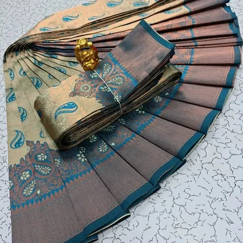 Kanjeevaram Silk Blend Woven Design Zari Work Saree with Blouse Piece