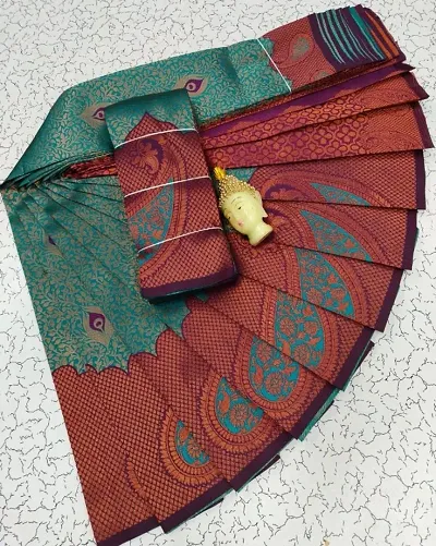 Kanjeevaram Silk Blend Woven Design Zari Work Saree with Blouse Piece