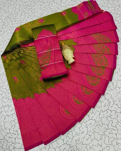 Kanjeevaram Silk Blend Woven Design Zari Work Sarees with Blouse Piece