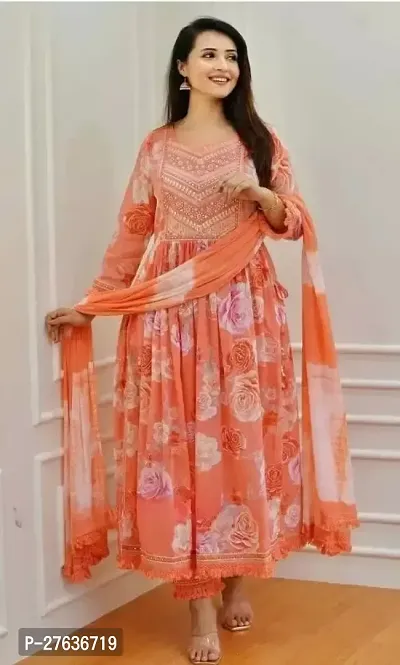 Floral Print Anarkali Kurta, Bottom  Dupatta Set