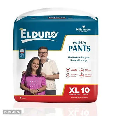 ELDURO Premium Unisex Adult Pant Diapers, XL Size 100-150Cm (40''-59''), 10 Count, Wetness Indicator, Leakproof, 14 hrs Overnight Protection, With Aloe Vera, Pack of 1