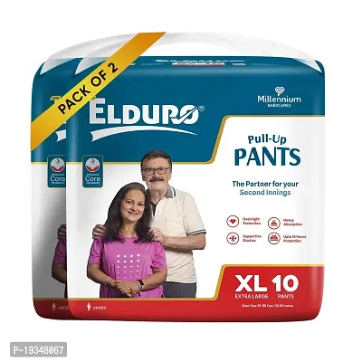 ELDURO Premium Unisex Adult Pant Diapers, XL Size 100-150Cm (40''-59''), 20 Count, Wetness Indicator, Leakproof, 14 hrs Overnight Protection, With Aloe Vera, Pack of 2