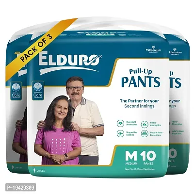 ELDURO Premium Unisex Adult Pant Diapers, Medium 71-111Cm (28''-44''), 30 Count, Wetness Indicator, Leakproof, 14 hrs Overnight Protection, With Aloe Vera, Pack of 3-thumb0