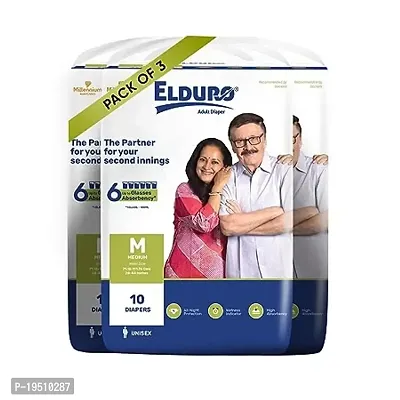 ELDURO Regular Unisex Adult Tape Diapers, Medium 71-111Cm (28''-44''), 30 Count, Wetness Indicator, Leakproof, 14 hrs Overnight Protection, With Aloe Vera, Pack of 3