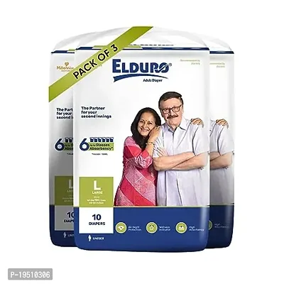 ELDURO Regular Unisex Adult Tape Diapers, Large 101-139 cm (40''-55''), 30 Count, Wetness Indicator, Leakproof, 14 hrs Overnight Protection, With Aloe Vera, Pack of 3