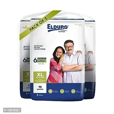 ELDURO Regular Unisex Adult Tape Diapers, XL Size 100-150Cm (40''-59''), 30 Count, Wetness Indicator, Leakproof, 14 hrs Overnight Protection, With Aloe Vera, Pack of 3-thumb0