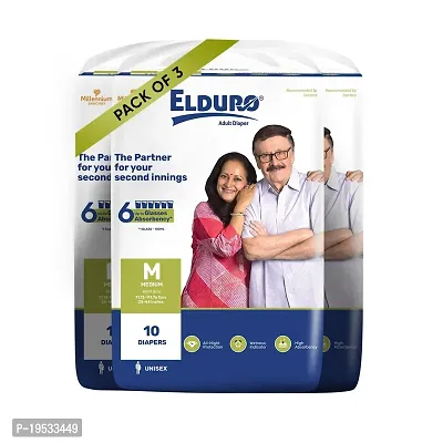 ELDURO Regular Unisex Adult Tape Diapers, Medium 71-111Cm (28''-44''), 30 Count, Wetness Indicator, Leakproof, 14 hrs Overnight Protection, With Aloe Vera, Pack of 3