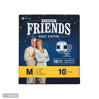 Friends Overnight Adult Diapers Tape Style - 10 Count (Medium) with odour lock and Anti-Bacterial Absorbent Core- Waist Size 27.56-49.21 Inch; 70-125Cm