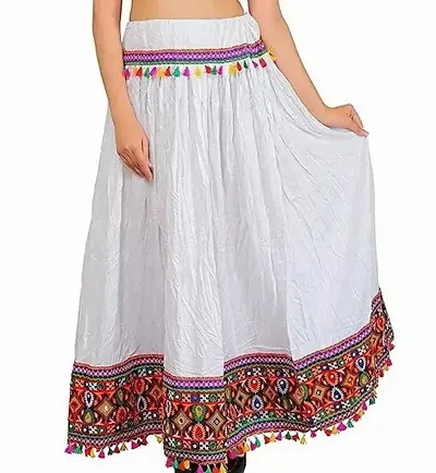 Kutchi Embroidered Border Rayon Skirt/Chaniya White for Women's Vol 3