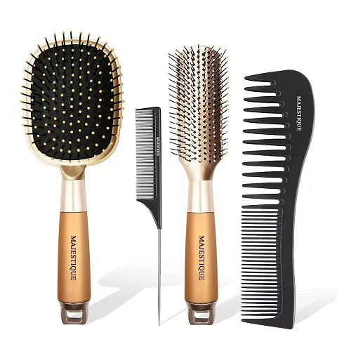 Majestique Hair Brush Set - Paddle Brush Detangler, Styling Brush, Tail Comb  Wide Tooth Comb Flat Hair Brush for Women  Men, Great on Wet or Dry Hair -Gold