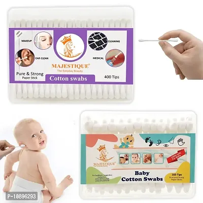 Majestique Baby Safety Cotton Swab ndash; Ideal for Babies  Adults ndash; 100% Organic Soft  Gentle Tip for Cleaning, Makeup Removal  More - 80-Swabs for Baby / 200-Swabs for Adults-thumb0
