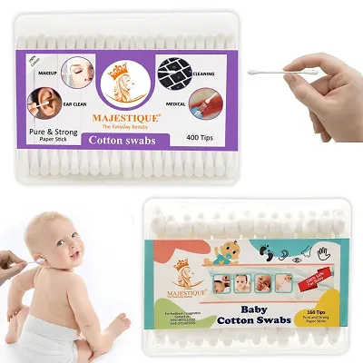 Majestique Baby Safety Cotton Swab &ndash; Ideal for Babies  Adults &ndash; 100% Organic Soft  Gentle Tip for Cleaning, Makeup Removal  More - 80-Swabs for Baby / 200-Swabs for Adults