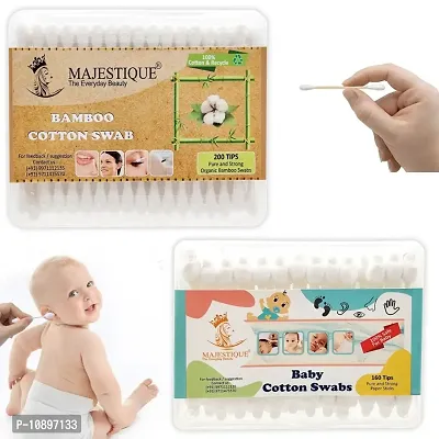 Majestique Baby Safety Cotton Swab &ndash; 100% Organic Soft  Gentle Tip for Cleaning &ndash; Ideal for Babies  Adults Makeup Removal  More, Bamboo Cotton Swabs - 80-Swabs for Baby / 100-Swabs for Adults-thumb0