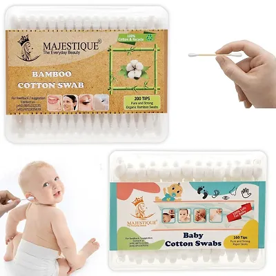 Majestique Baby Safety Cotton Swab &ndash; 100% Organic Soft  Gentle Tip for Cleaning &ndash; Ideal for Babies  Adults Makeup Removal  More, Bamboo Cotton Swabs - 80-Swabs for Baby / 100-Swabs for Adults