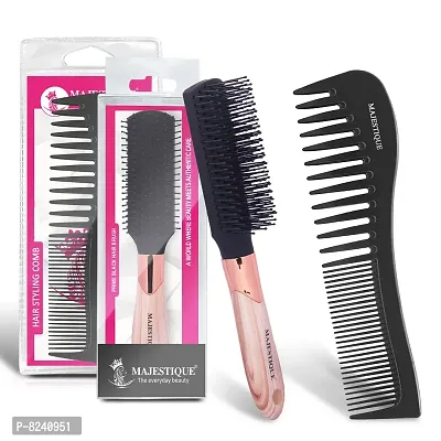 Majestique Flat Hair Brush with Hair Comb. Detangling Brush for Men and Women. Great On Wet or Dry Hair. No More Tangle Hairbrush for Long Thick Thin Curly Natural Hair. Pack Of 2