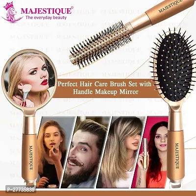 Majestique Round and Oval Cushion Hair Brush Set with Handle Mirror, Soft Nylon Bristles for All Types Style in Men and Women - 3Pcs/Gold-thumb2