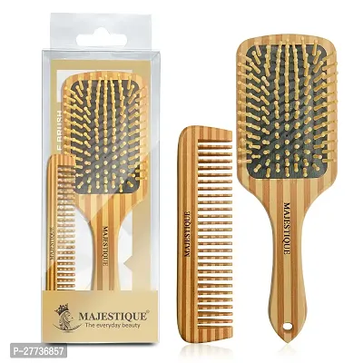 Majestique Paddle Detangling Hair Brush with Comb, Bamboo Bristles, Fiber Made, Wet or Dry Use for All Hair Types - 2Pcs-thumb0