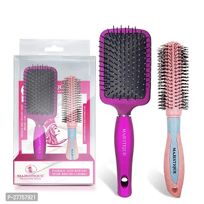 Majestique Professional Paddle and Round Hair Brush Set, Soft Nylon Bristles for Blow Drying and Styling - 2Pcs/Multicolor