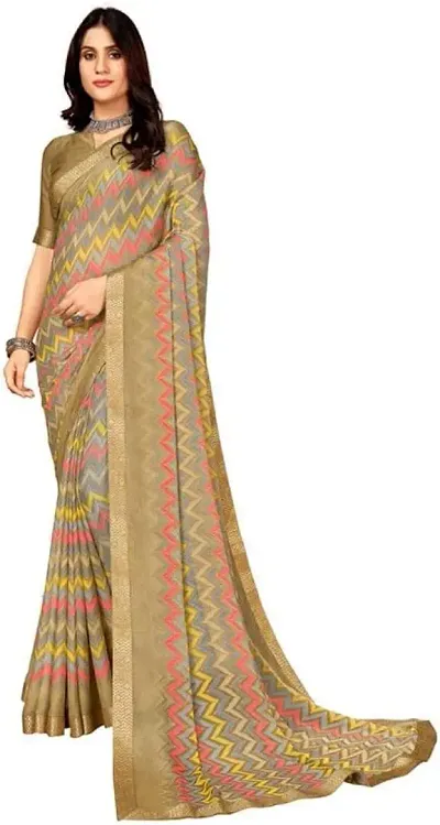 SIRIL Women's Geometric Printed Lace & Piping Chiffon Saree with Unstitched Blouse Piece