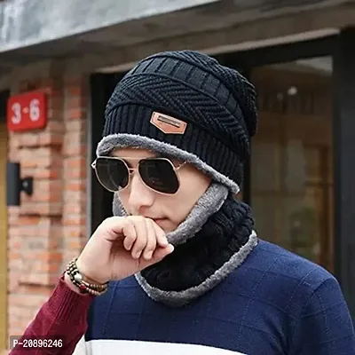 Stylish Fancy Winter Cap With Neck Warmer Set Soft Wool Knitied Pattern For Men-thumb0