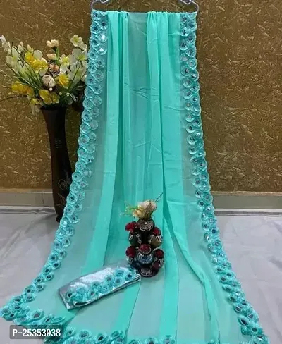 Beautiful Turquoise Georgette  Embroidered Saree with Blouse Piece For Women-thumb0