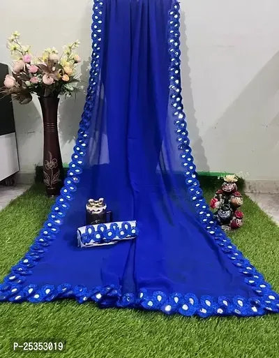 Beautiful Blue Georgette  Embroidered Saree with Blouse Piece For Women