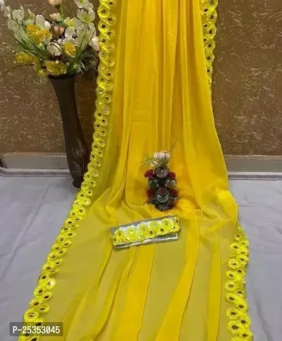 Beautiful Yellow Georgette  Embroidered Saree with Blouse Piece For Women-thumb0
