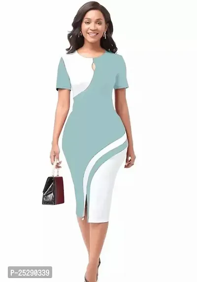 Stylish Turquoise Polyester Solid Bodycon Dress For Women-thumb0