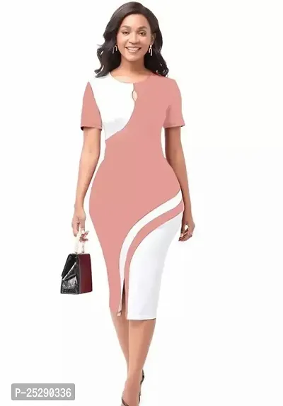 Stylish Peach Polyester Solid Bodycon Dress For Women