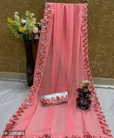 Beautiful Peach Georgette  Embroidered Saree with Blouse Piece For Women