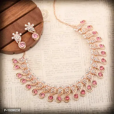 Rose Gold Plated  American Diamond and Heavy Polished Diamond Choker Necklace set with 1 Pair of Earrings Jewellery Set