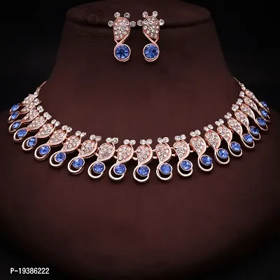 Rose Gold Plated  American Diamond and Heavy Polished Diamond Choker Necklace set with 1 Pair of Earrings Jewellery Set-thumb4