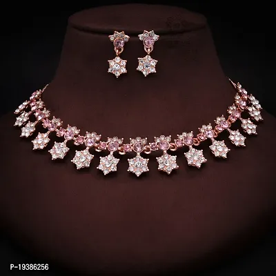 Rose Gold Plated  American Diamond and Heavy Polished Diamond Choker Necklace set with 1 Pair of Earrings Jewellery Set-thumb4