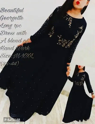 Stylish Navy Blue Georgette Embroidered Maxi Dress For Women