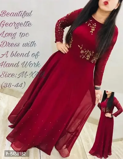 Stylish Red Georgette Embroidered Maxi Dress For Women