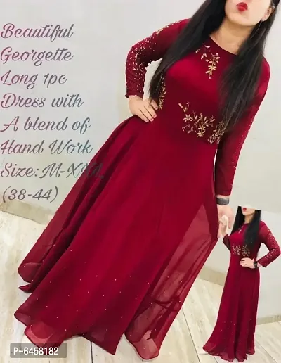 Stylish Red Georgette Embroidered Maxi Dress For Women-thumb0