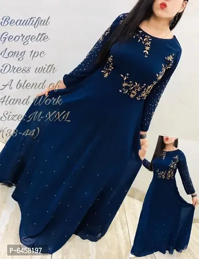 Stylish Navy Blue Georgette Embroidered Maxi Dress For Women-thumb0
