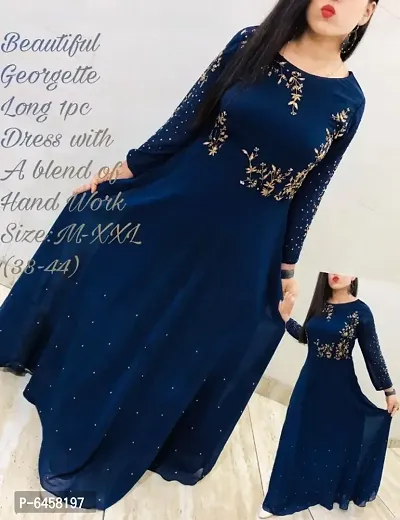 Stylish Navy Blue Georgette Embroidered Maxi Dress For Women