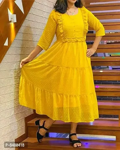 Stylish Yellow Georgette Self Design Flared For Women