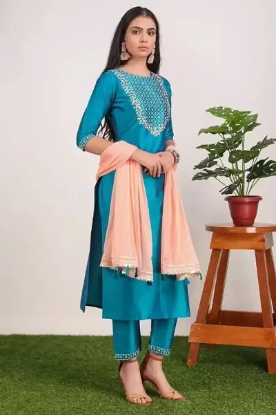 Best Quality !! Embroidery Kurti With Bottom And Dupatta Set