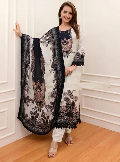 Stylish Muslin Printed Kurta Bottom Dupatta Set