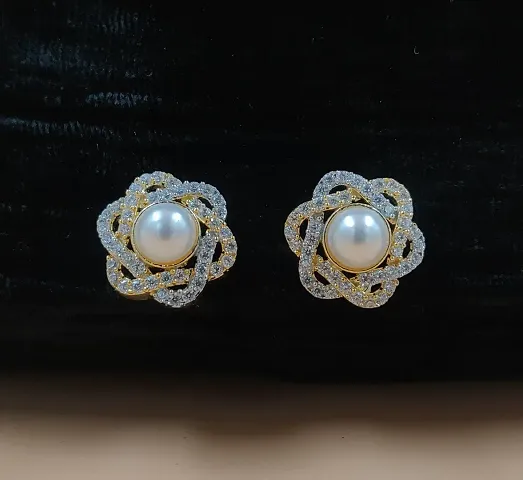 Shimmering White Brass Cubic Zirconia Stud Earrings For Women